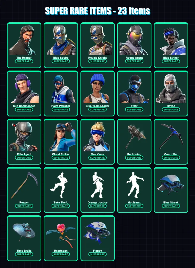 [PS4/PS5/XBOX/PC] | The Reaper | Blue Squire | Royale Knight | Rogue Agent | Blue Striker | 129 skin | 108 pickaxe | 106 emote | 123 glider | Lv1513