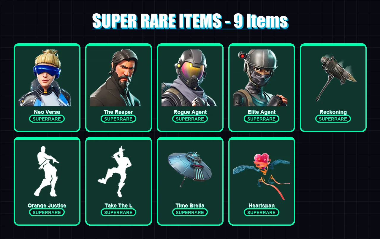 [PS4/PS5/XBOX/PC] | Neo Versa | The Reaper | Rogue Agent | Elite Agent | Raz | 77 skin | 76 pickaxe | 86 emote | 91 glider | Lv1370