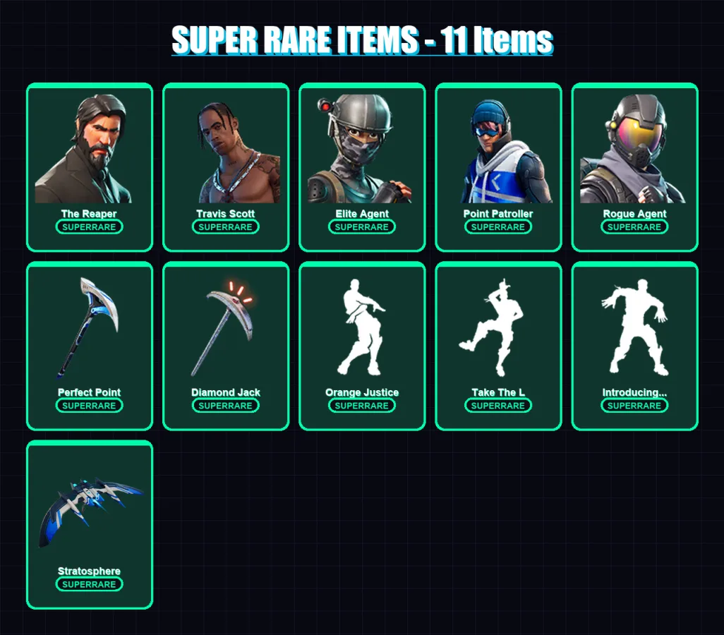 [PS4/PS5/XBOX/PC] | The Reaper | Travis Scott | Elite Agent | Point Patroller | Rogue Agent | 48 skin | 67 pickaxe | 53 emote | 58 glider | Lv935