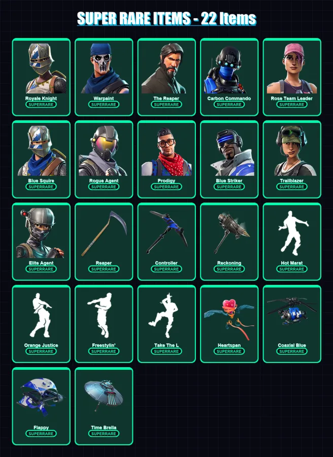 [PC] | Royale Knight | Warpaint | The Reaper | Carbon Commando | Rose Team Leader | 125 skin | 83 pickaxe | 147 emote | 87 glider | Lv818