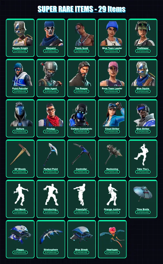 [PC] | Royale Knight | Warpaint | Travis Scott | Blue Team Leader | Trailblazer | 123 skin | 157 pickaxe | 132 emote | 146 glider | Lv1938