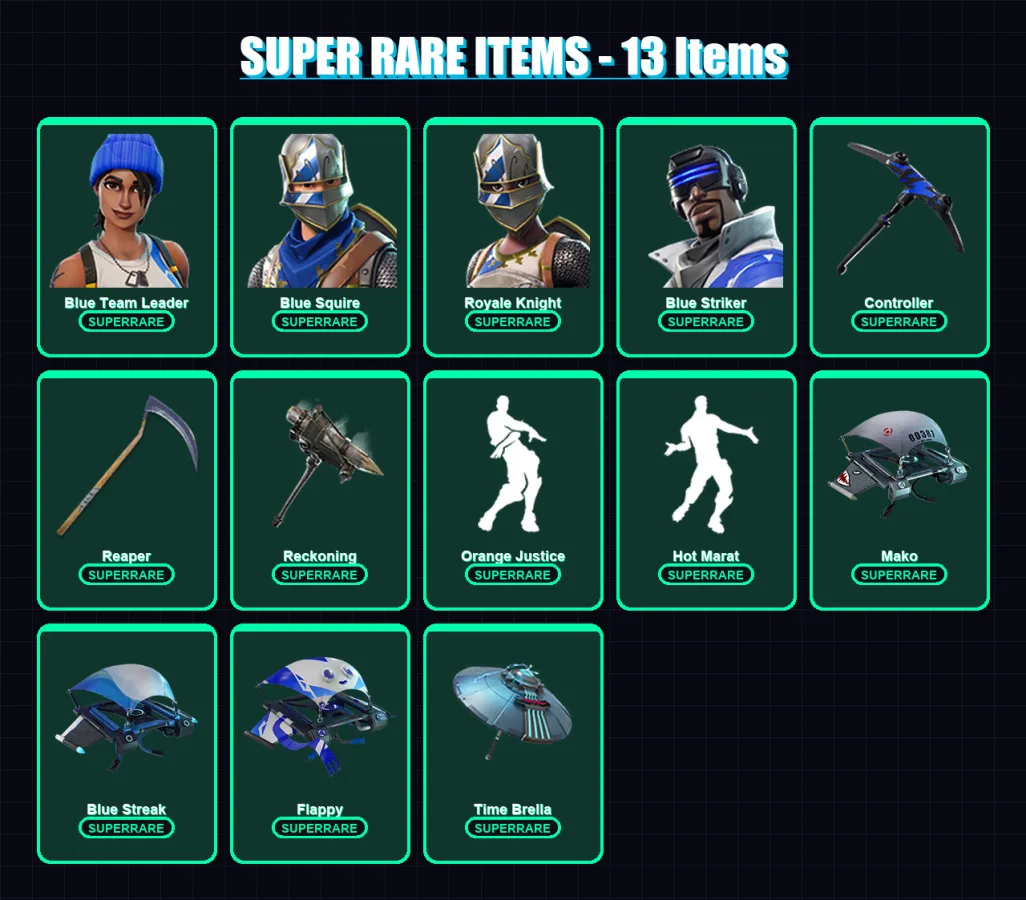 [PS4/PS5/PC] | Blue Team Leader | Blue Squire | Royale Knight | Blue Striker | Hybrid | 89 skin | 87 pickaxe | 104 emote | 94 glider | Lv1338