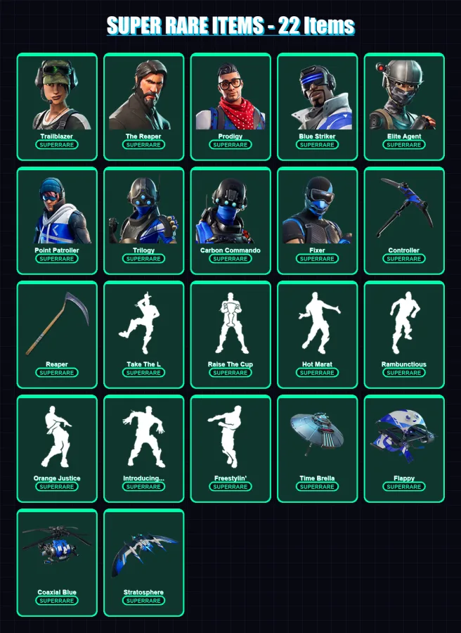 [PS4/PS5/XBOX/PC] | Trailblazer | The Reaper | Prodigy | Blue Striker | Elite Agent | 92 skin | 82 pickaxe | 93 emote | 89 glider | Lv1141 — Fortnite account