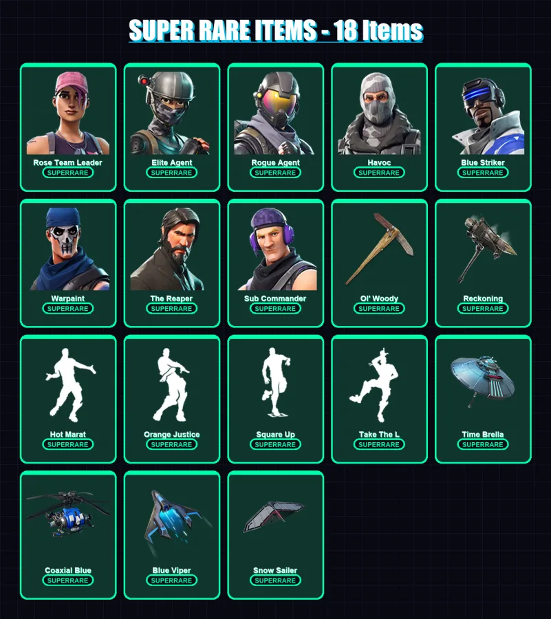 [PC] | Rose Team Leader | Elite Agent | Rogue Agent | Havoc | Blue Striker | 165 skin | 168 pickaxe | 121 emote | 131 glider | Lv1489