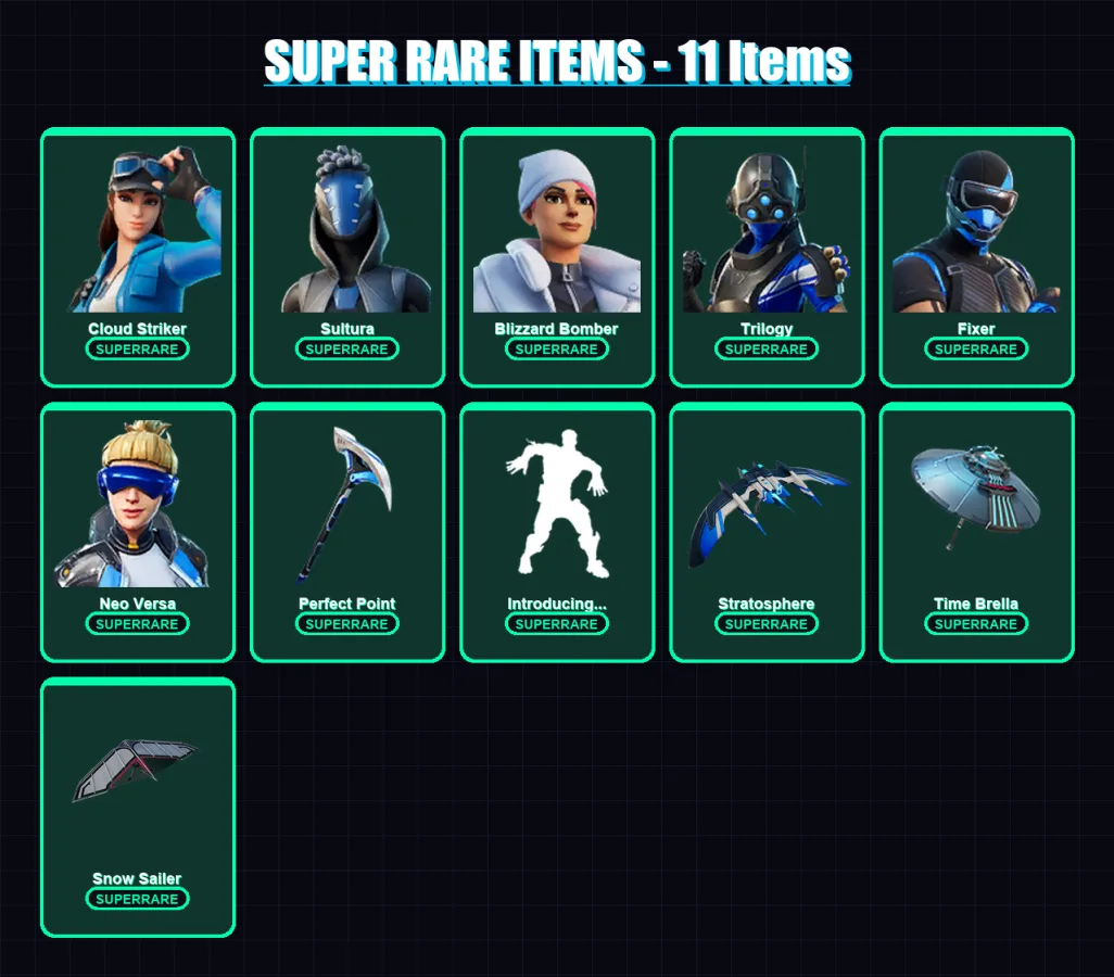 [PS4/PS5/XBOX/PC] | Cloud Striker | Sultura | Blizzard Bomber | Trilogy | Fixer | 50 skin | 58 pickaxe | 60 emote | 62 glider | Lv1005