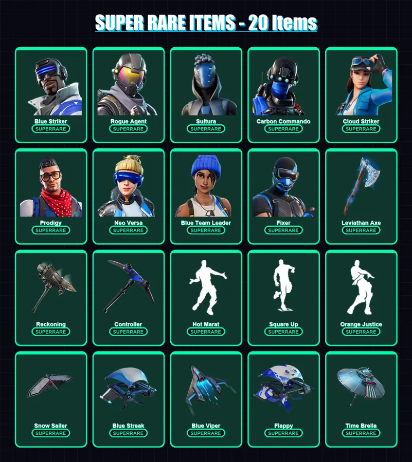 [PS4/PS5/XBOX/PC] | Blue Striker | Rogue Agent | Sultura | Carbon Commando | Cloud Striker | 147 skin | 160 pickaxe | 144 emote | 149 glider | Lv250