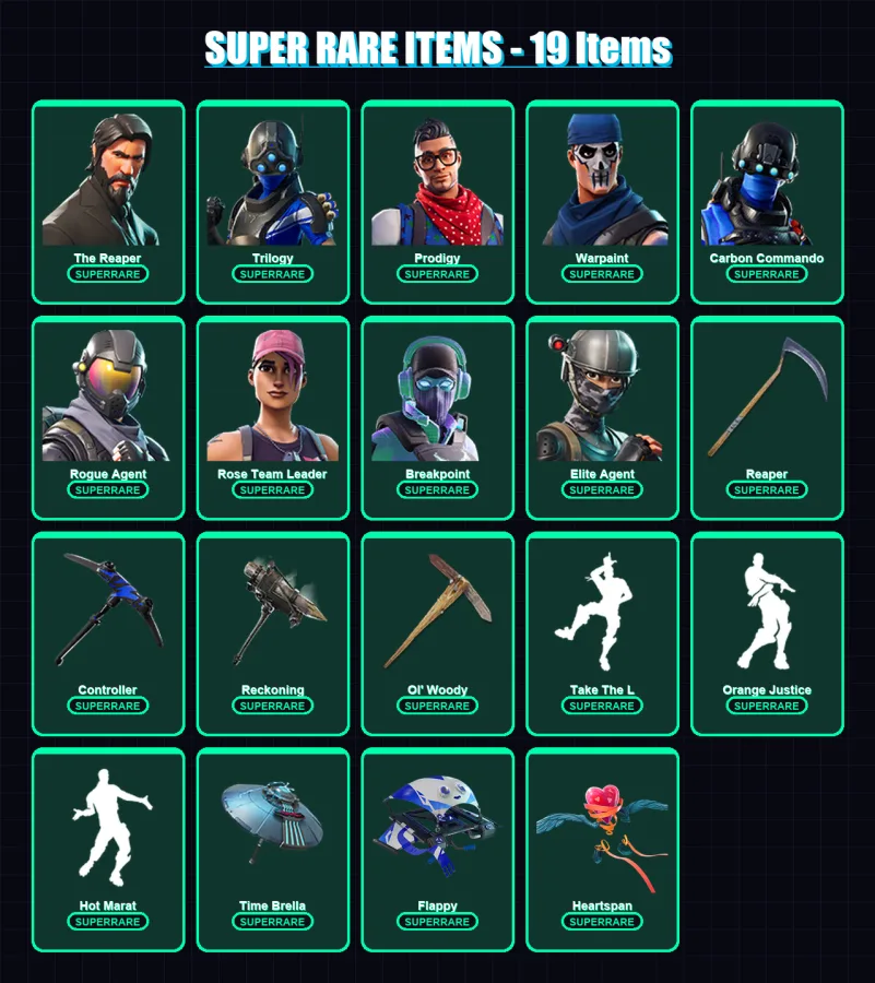 [PC/XBOX] | The Reaper | Trilogy | Prodigy | Warpaint | Carbon Commando | 188 skin | 184 pickaxe | 160 emote | 171 glider | Lv2844