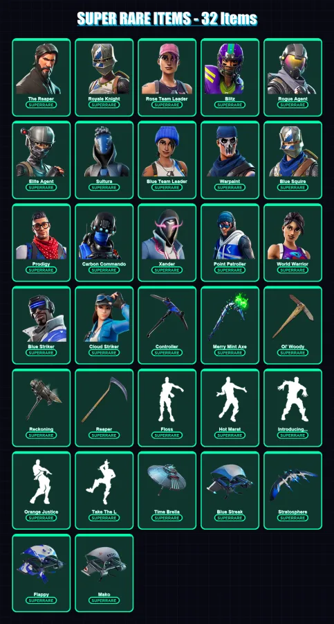 [PS4/PS5/XBOX/PC] | The Reaper | Royale Knight | Rose Team Leader | Blitz | Rogue Agent | 148 skin | 120 pickaxe | 128 emote | 123 glider | Lv1688