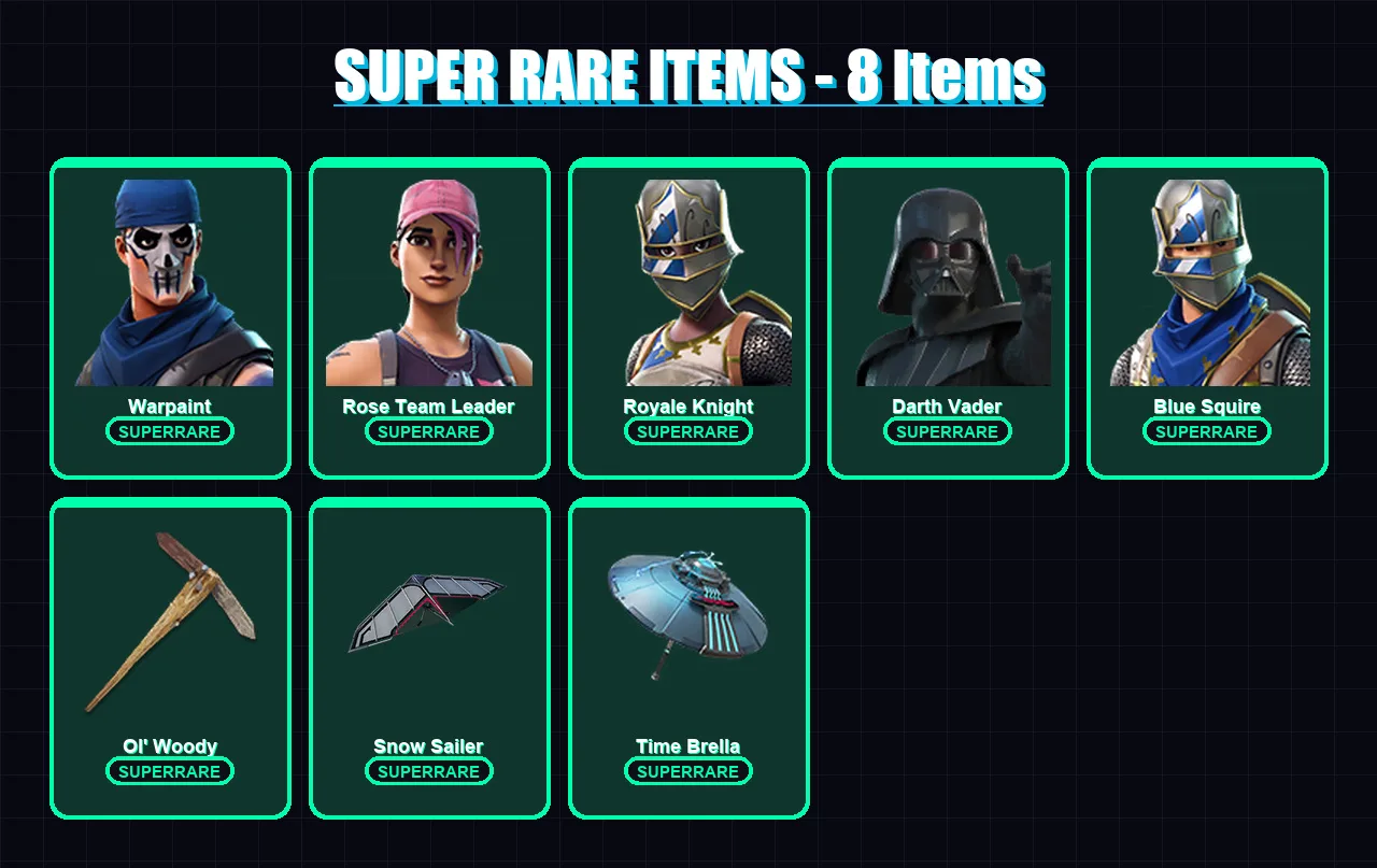 [PC] | Warpaint | Rose Team Leader | Royale Knight | Darth Vader | Blue Squire | 166 skin | 160 pickaxe | 144 emote | 105 glider | Lv1337