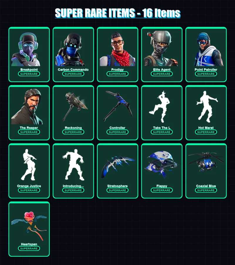 [PS4/PS5/XBOX/PC] | Breakpoint | Carbon Commando | Prodigy | Elite Agent | Point Patroller | 114 skin | 89 pickaxe | 92 emote | 108 glider | Lv1251