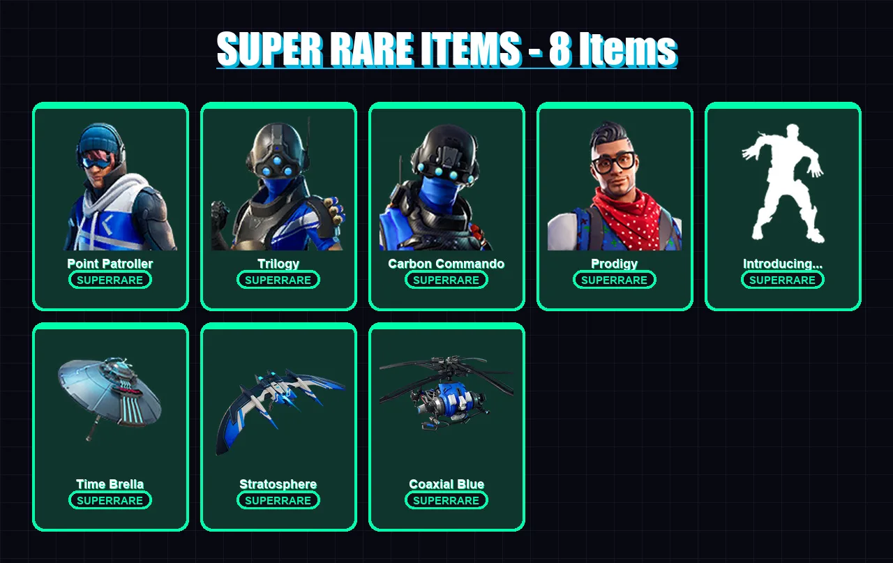 [PS4/PS5/XBOX/PC] | Point Patroller | Trilogy | Carbon Commando | Prodigy | Hybrid | 26 skin | 53 pickaxe | 43 emote | 59 glider | Lv793