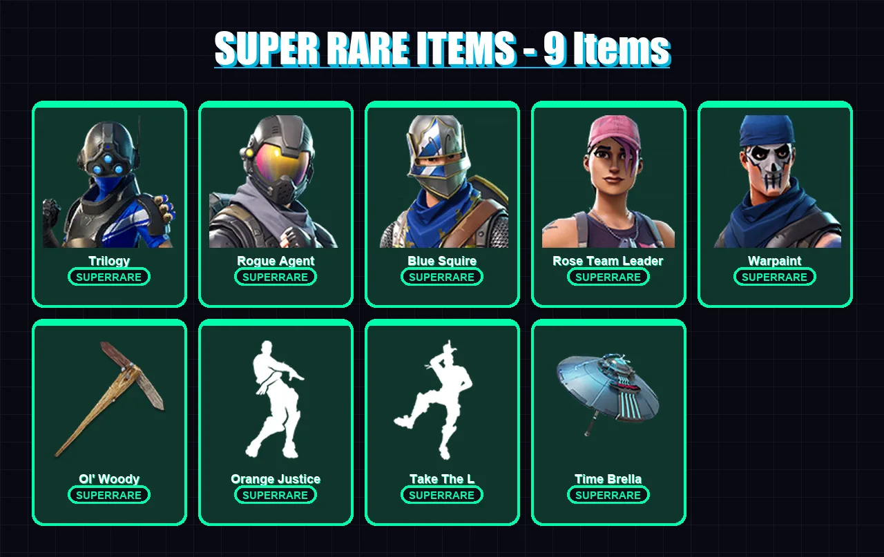 [PS4/PS5/XBOX/PC] | Trilogy | Rogue Agent | Blue Squire | Rose Team Leader | Warpaint | 70 skin | 94 pickaxe | 73 emote | 83 glider | Lv1190