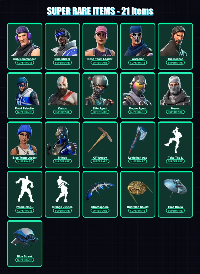 [PS4/PS5/PC] | Sub Commander | Blue Striker | Rose Team Leader | Warpaint | The Reaper | 161 skin | 178 pickaxe | 132 emote | 146 glider | Lv1928