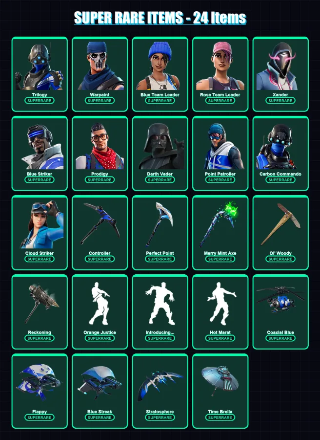 [PC] | Trilogy | Warpaint | Blue Team Leader | Rose Team Leader | Xander | 125 skin | 136 pickaxe | 108 emote | 130 glider | Lv1501