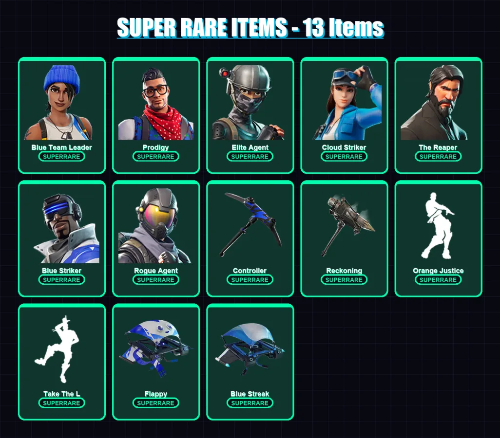 [PS4/PS5/XBOX/PC] | Blue Team Leader | Prodigy | Elite Agent | Cloud Striker | The Reaper | 44 skin | 29 pickaxe | 26 emote | 32 glider | Lv423