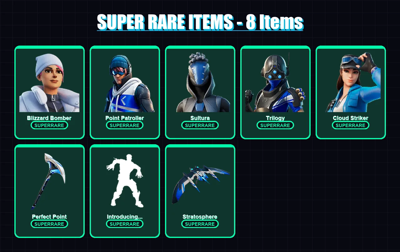 [PS4/PS5/XBOX/PC] | Blizzard Bomber | Point Patroller | Sultura | Trilogy | Cloud Striker | 12 skin | 21 pickaxe | 20 emote | 23 glider | Lv213
