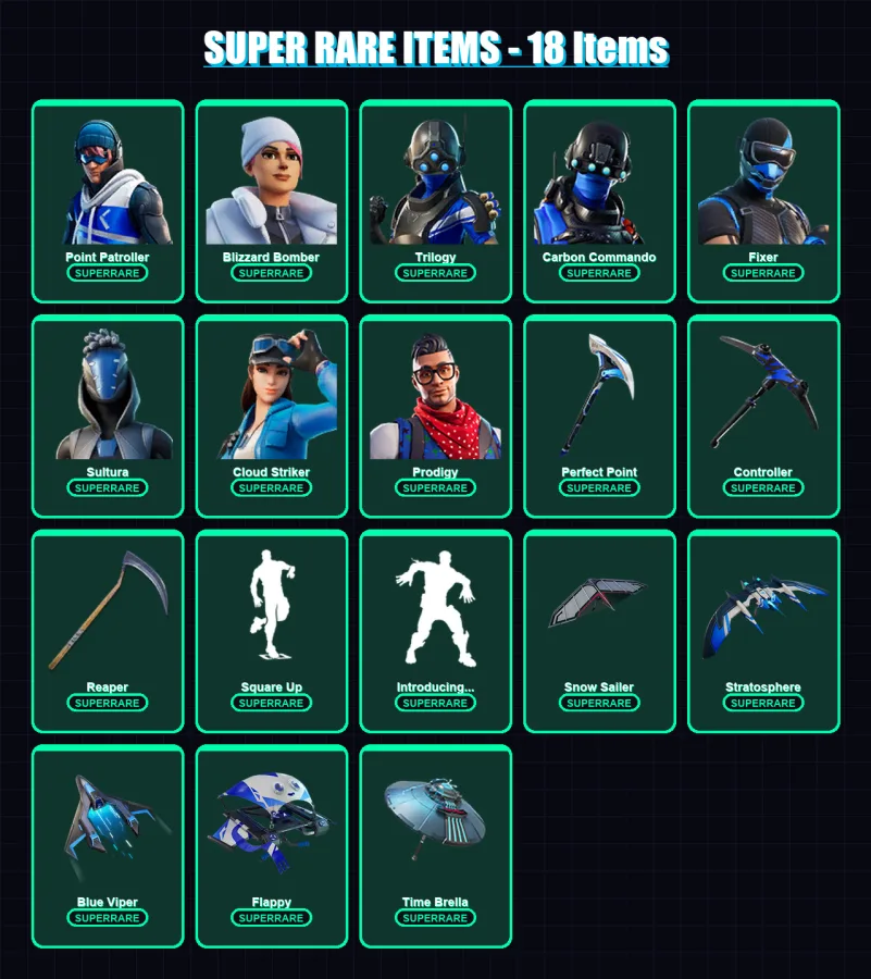 [PC/XBOX] | Point Patroller | Blizzard Bomber | Trilogy | Carbon Commando | Fixer | 79 skin | 107 pickaxe | 92 emote | 105 glider | Lv1971