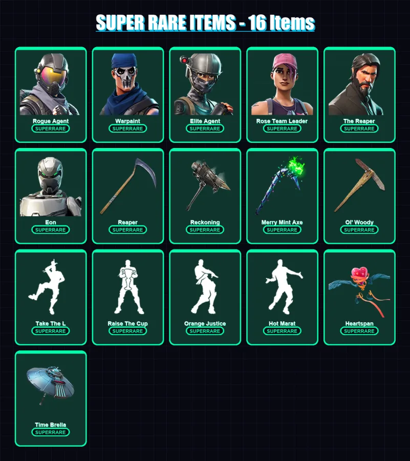 [PC] | Rogue Agent | Warpaint | Elite Agent | Rose Team Leader | The Reaper | 246 skin | 264 pickaxe | 225 emote | 221 glider | Lv3674