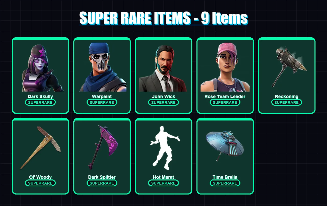[PS4/PS5/PC] | Dark Skully | Warpaint | John Wick | Rose Team Leader | Fade | 170 skin | 175 pickaxe | 143 emote | 127 glider | Lv1362