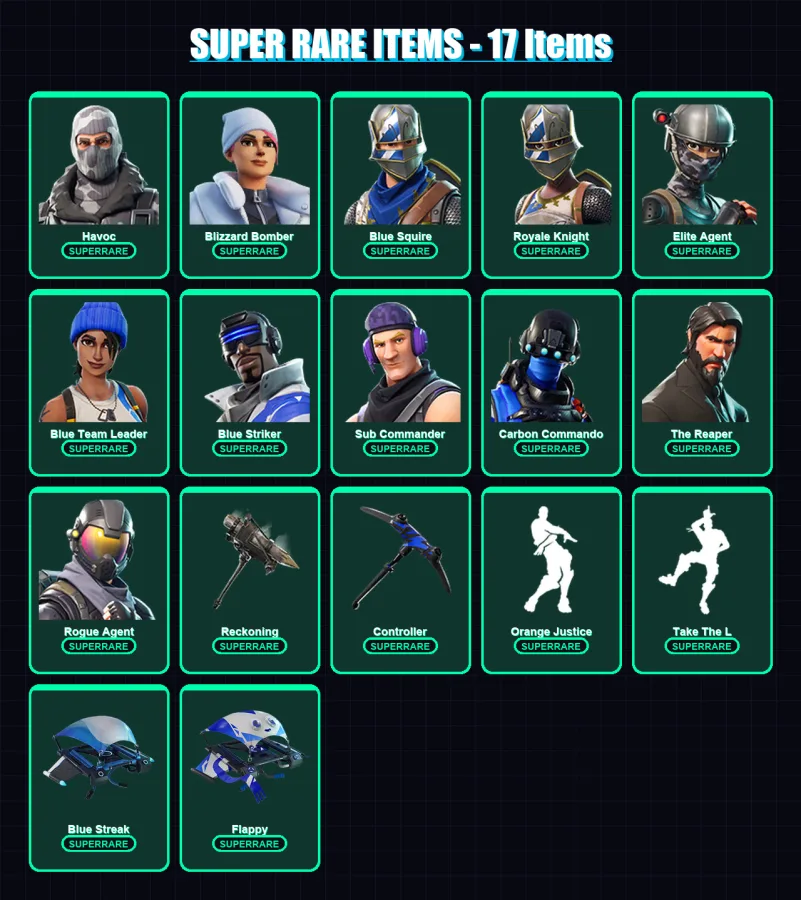[PS4/PS5/XBOX/PC] | Havoc | Blizzard Bomber | Blue Squire | Royale Knight | Elite Agent | 39 skin | 24 pickaxe | 26 emote | 31 glider | Lv314