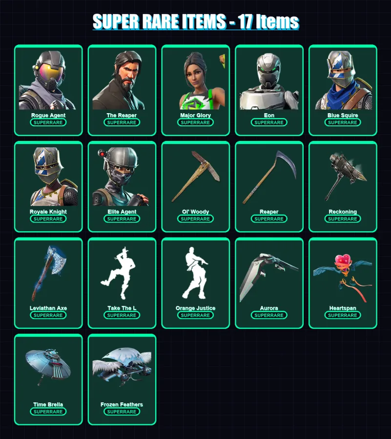 [PC/XBOX/PSN] | Rogue Agent | The Reaper | Major Glory | Eon | Blue Squire | 210 skin | 230 pickaxe | 198 emote | 169 glider | Lv3412