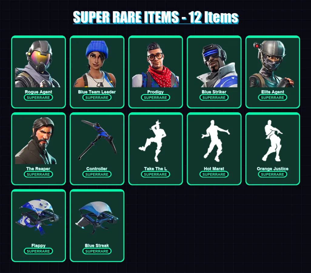 [PC/XBOX] | Rogue Agent | Blue Team Leader | Prodigy | Blue Striker | Elite Agent | 44 skin | 30 pickaxe | 53 emote | 43 glider | Lv626 — Fortnite account