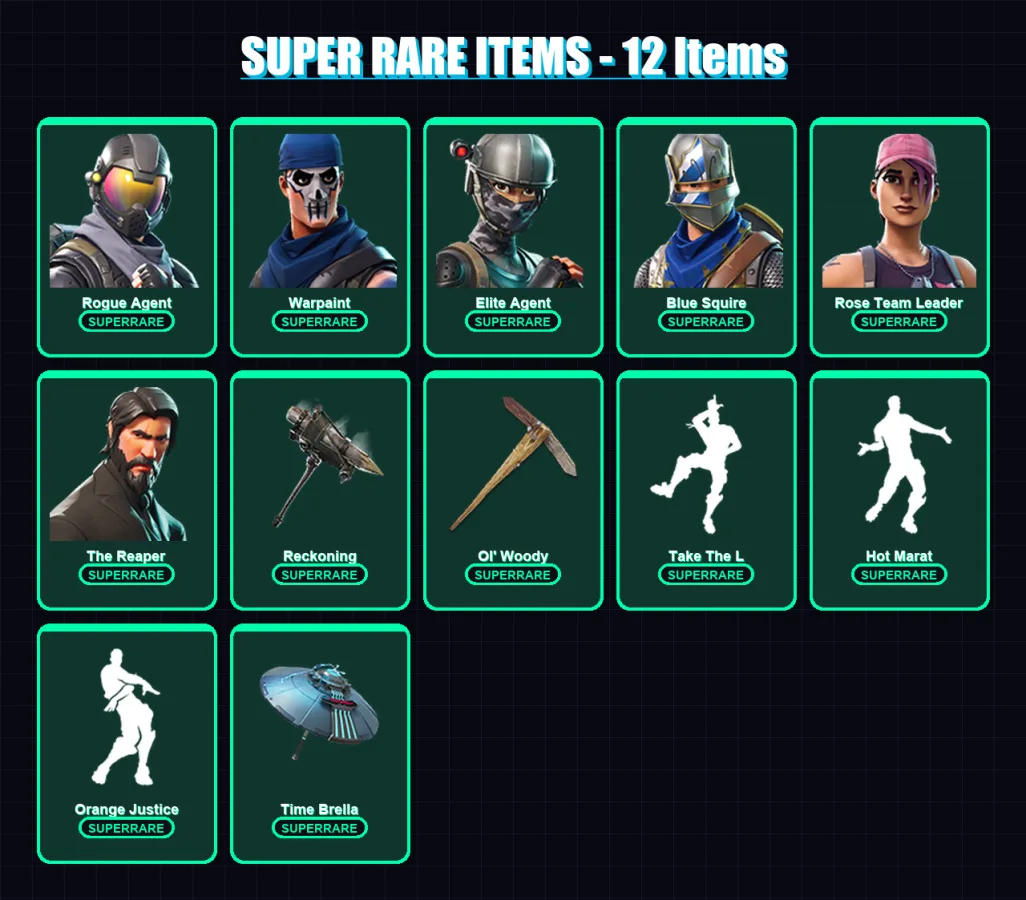[PC] | Rogue Agent | Warpaint | Elite Agent | Blue Squire | Rose Team Leader | 188 skin | 170 pickaxe | 140 emote | 157 glider | Lv2270