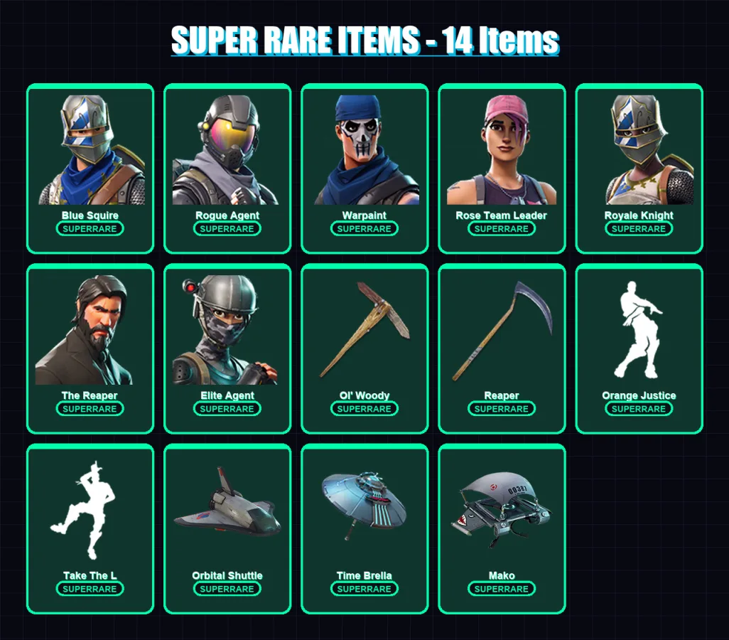 [PC/PSN] | Blue Squire | Rogue Agent | Warpaint | Rose Team Leader | Royale Knight | 98 skin | 92 pickaxe | 102 emote | 79 glider | Lv1065
