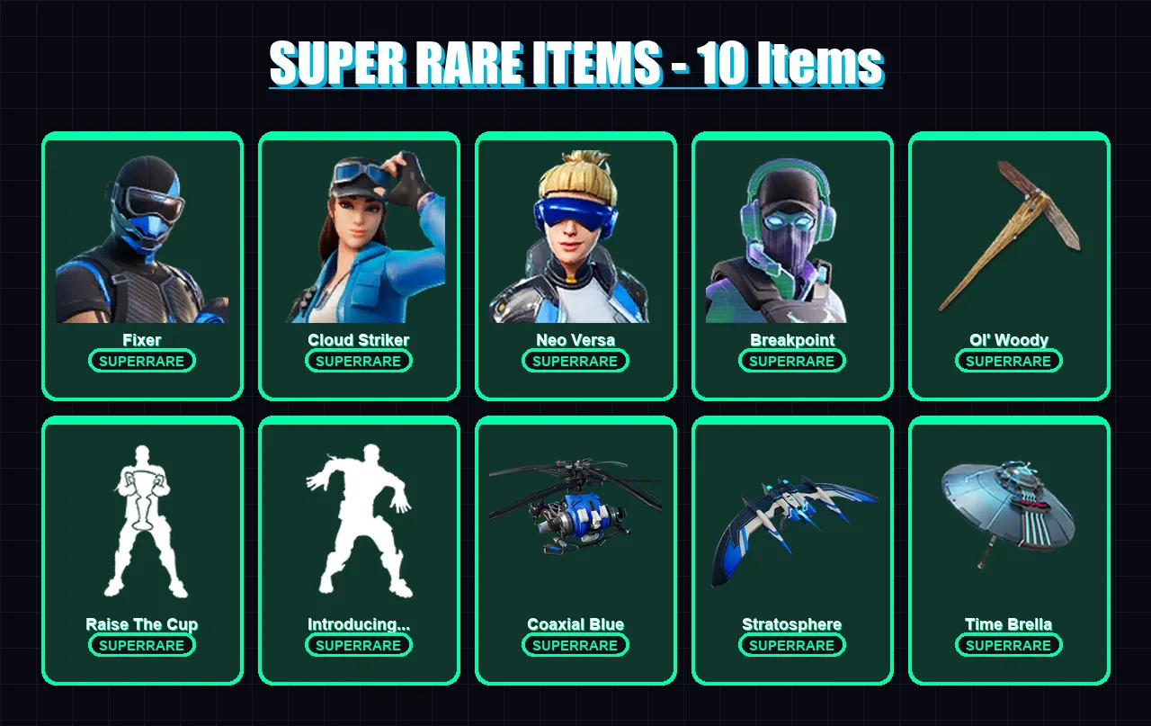 [PS4/PS5/XBOX/PC] | Fixer | Cloud Striker | Neo Versa | Breakpoint | Spire Assassin | 183 skin | 168 pickaxe | 198 emote | 136 glider | Lv2472 — Fortnite account