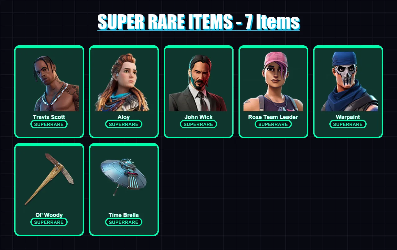 [PC/PSN] | Travis Scott | Aloy | John Wick | Rose Team Leader | Warpaint | 68 skin | 73 pickaxe | 48 emote | 66 glider | Lv937