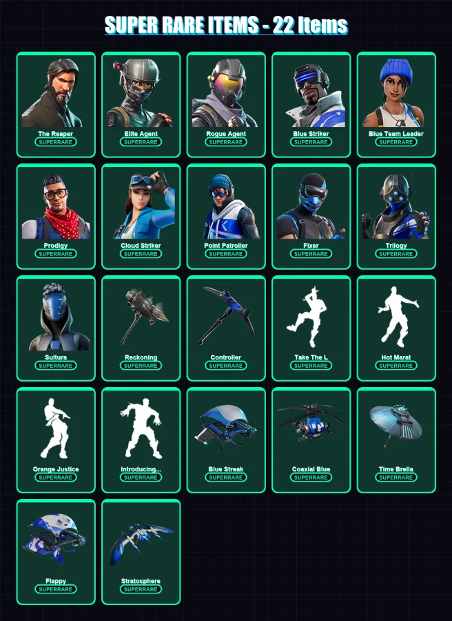 [PC/XBOX/PSN] | The Reaper | Omega | Elite Agent | Rogue Agent | Blue Striker | 105 skin | 80 pickaxe | 79 emote | 84 glider | Lv1294