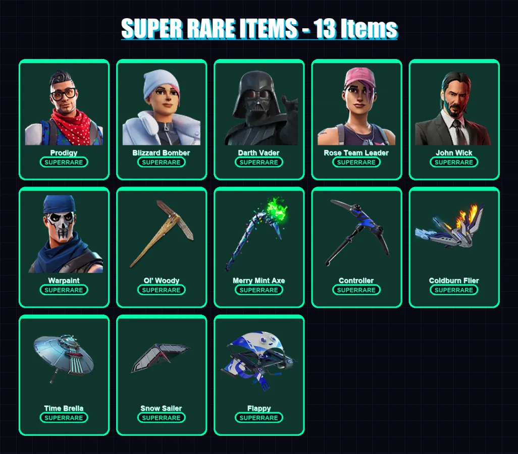 [PS4/PS5/XBOX/PC] | Prodigy | Blizzard Bomber | Darth Vader | Rose Team Leader | John Wick | 172 skin | 183 pickaxe | 129 emote | 117 glider | Lv148