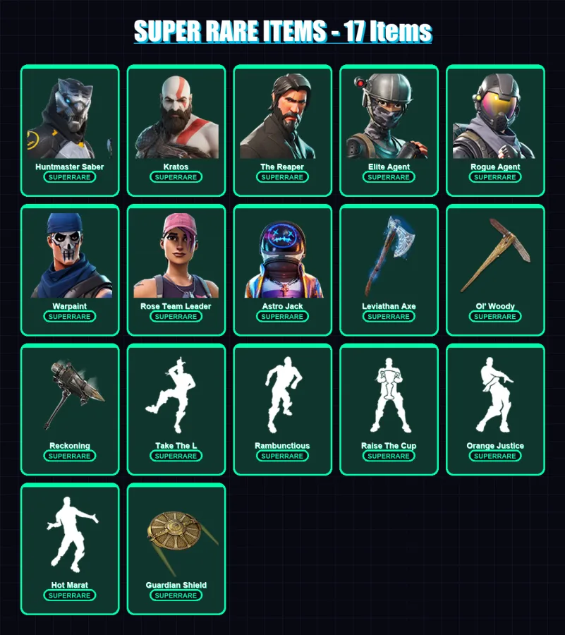 [PC/PSN] | Huntmaster Saber | Kratos | The Reaper | Elite Agent | Rogue Agent | 170 skin | 149 pickaxe | 138 emote | 143 glider | Lv1819