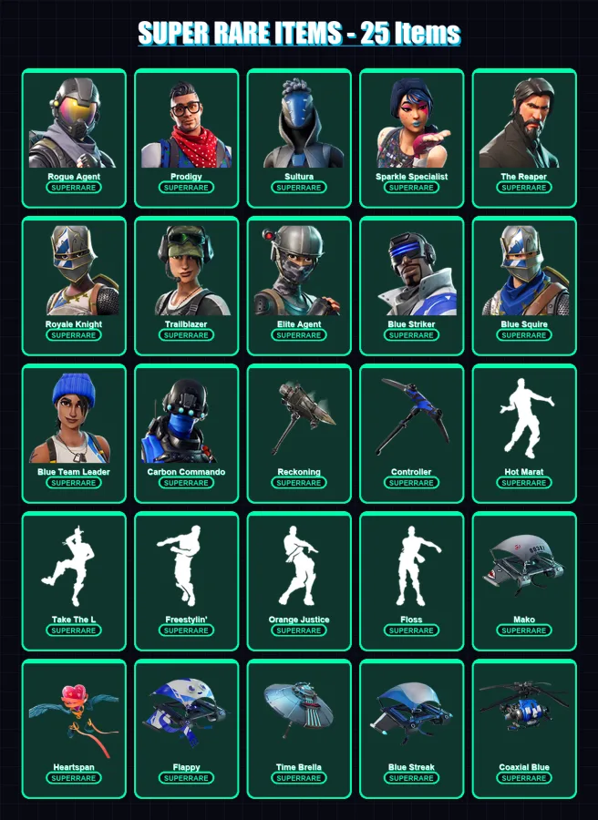 [PS4/PS5/XBOX/PC] | Rogue Agent | Prodigy | Sultura | Sparkle Specialist | The Reaper | 108 skin | 78 pickaxe | 77 emote | 84 glider | Lv1087