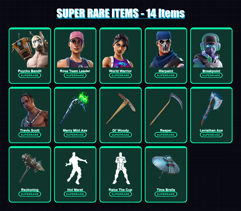 [PC/XBOX/PSN] | Psycho Bandit | Rose Team Leader | World Warrior | Warpaint | Breakpoint | 289 skin | 161 pickaxe | 217 emote | 116 glider | Lv1974