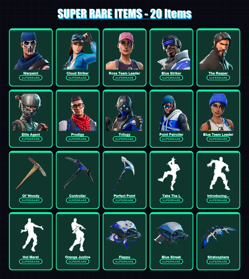 [PS4/PS5/XBOX/PC] | Warpaint | Cloud Striker | Rose Team Leader | Blue Striker | The Reaper | 88 skin | 95 pickaxe | 85 emote | 95 glider | Lv1241