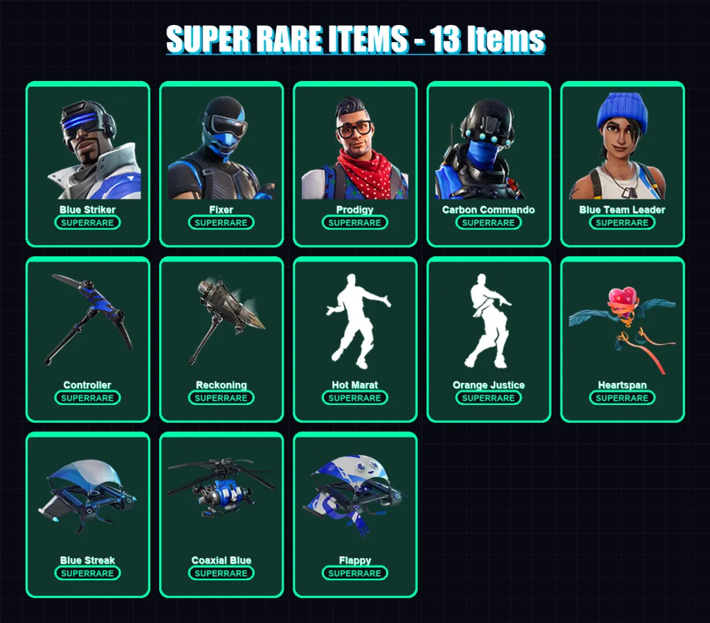 [PS4/PS5/XBOX/PC] | Blue Striker | Fixer | Prodigy | Carbon Commando | Blue Team Leader | 80 skin | 118 pickaxe | 107 emote | 98 glider | Lv1452