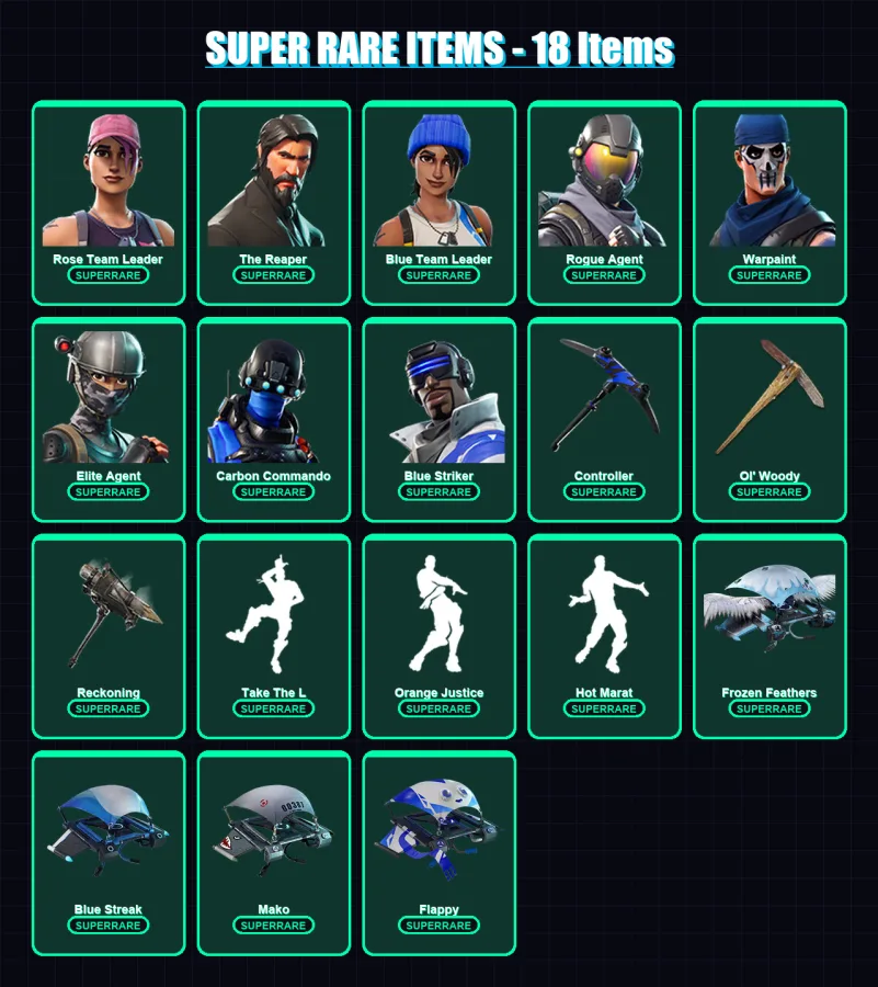 [PC] | Rose Team Leader | The Reaper | Blue Team Leader | Rogue Agent | Warpaint | 61 skin | 43 pickaxe | 53 emote | 47 glider | Lv608 — Fortnite account