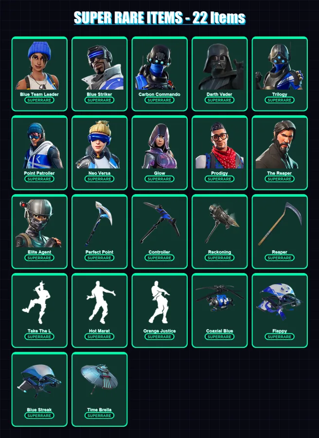 [PC/XBOX] | Blue Team Leader | Blue Striker | Carbon Commando | Darth Vader | Trilogy | 167 skin | 148 pickaxe | 136 emote | 133 glider | Lv1902