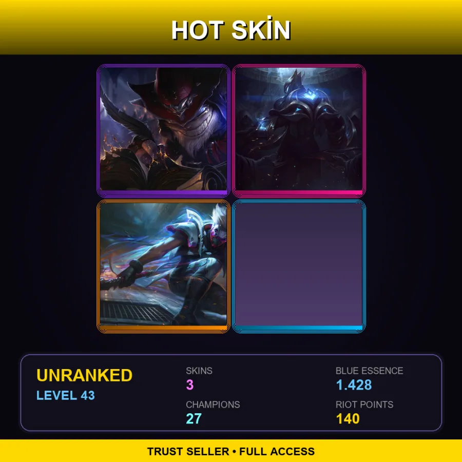 EUW | Lv43 | Unranked | 3 Skin | 27 Champ — LoL account