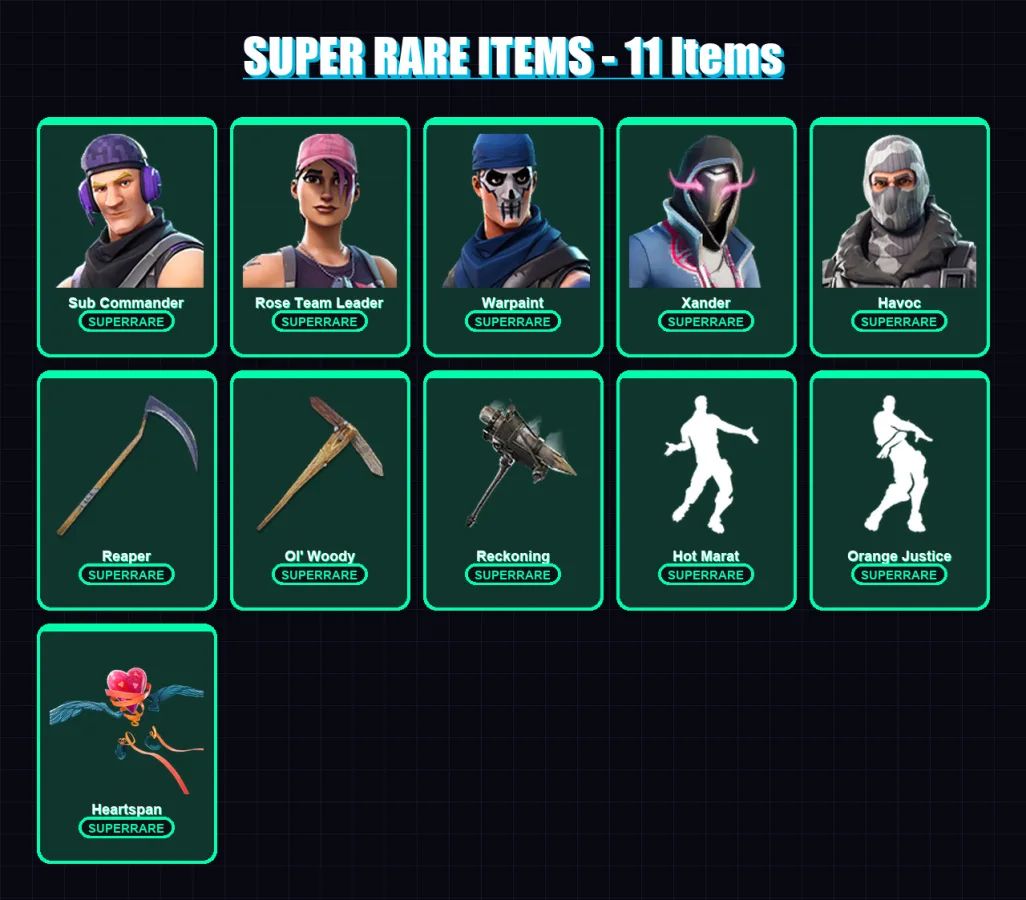[PC/XBOX/PSN] | Sub Commander | Rose Team Leader | Warpaint | Xander | Havoc | 105 skin | 82 pickaxe | 84 emote | 92 glider | Lv1260