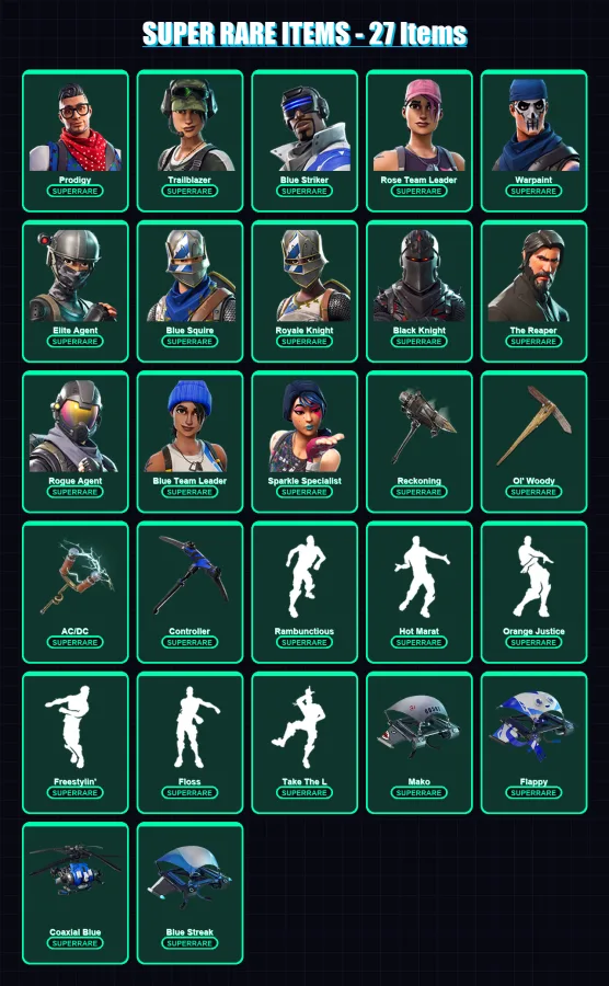 [PS4/PS5/XBOX/PC] | Prodigy | Trailblazer | Blue Striker | Rose Team Leader | Warpaint | 117 skin | 79 pickaxe | 87 emote | 79 glider | Lv1076