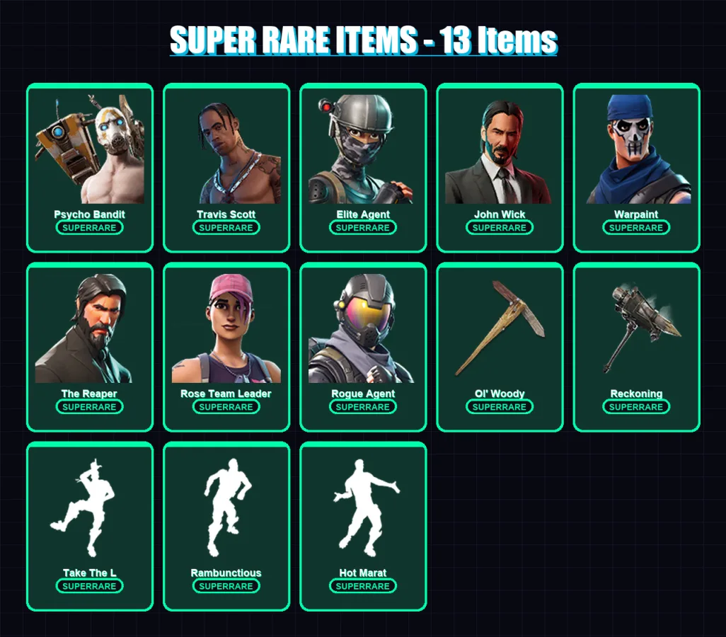 [PC/XBOX/PSN] | Psycho Bandit | Travis Scott | Elite Agent | John Wick | Warpaint | 93 skin | 77 pickaxe | 100 emote | 76 glider | Lv726 — Fortnite account