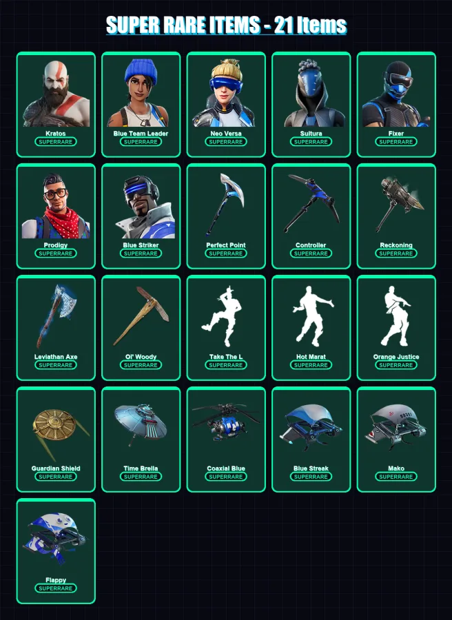 [PS4/PS5/XBOX/PC] | Kratos | Blue Team Leader | Neo Versa | Sultura | Fixer | 105 skin | 151 pickaxe | 114 emote | 130 glider | Lv1959