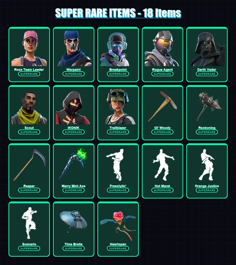 [PS4/PS5/XBOX/PC] | Rose Team Leader | Warpaint | Breakpoint | Rogue Agent | Darth Vader | 244 skin | 212 pickaxe | 157 emote | 166 glider | Lv2879