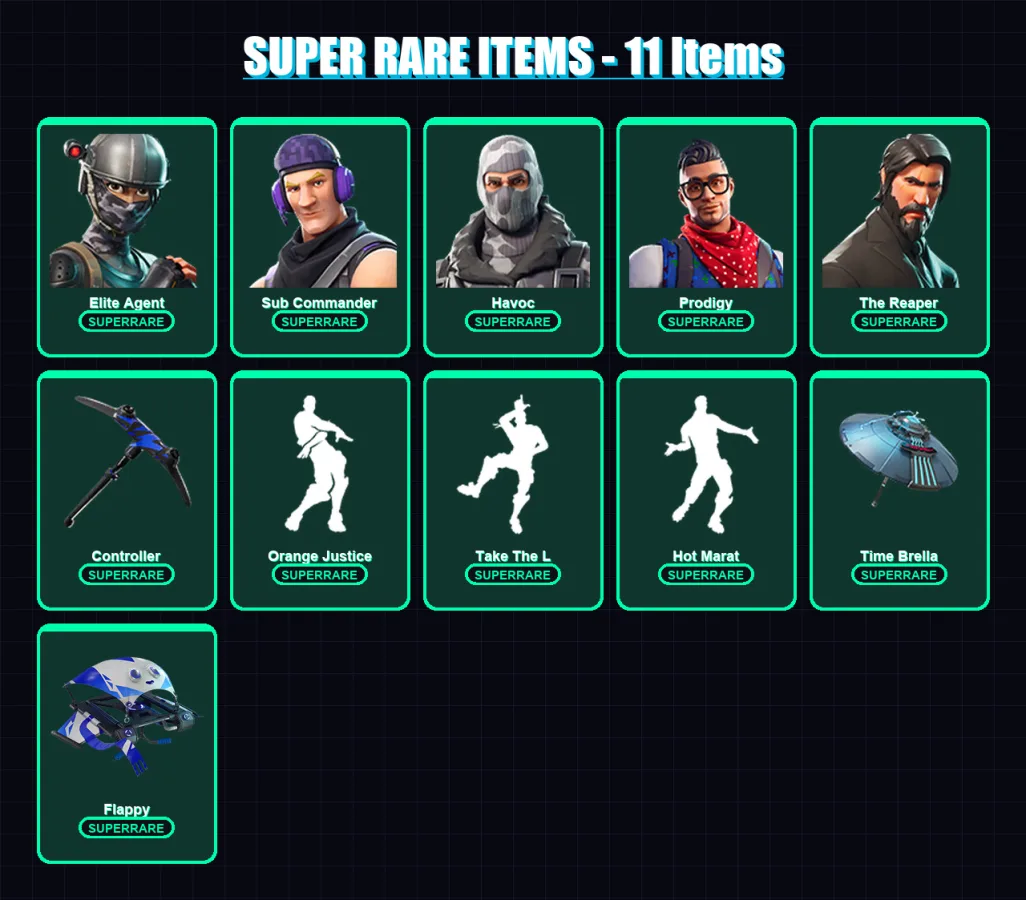 [PC/XBOX] | Elite Agent | Sub Commander | Havoc | Prodigy | The Reaper | 62 skin | 68 pickaxe | 76 emote | 68 glider | Lv1057