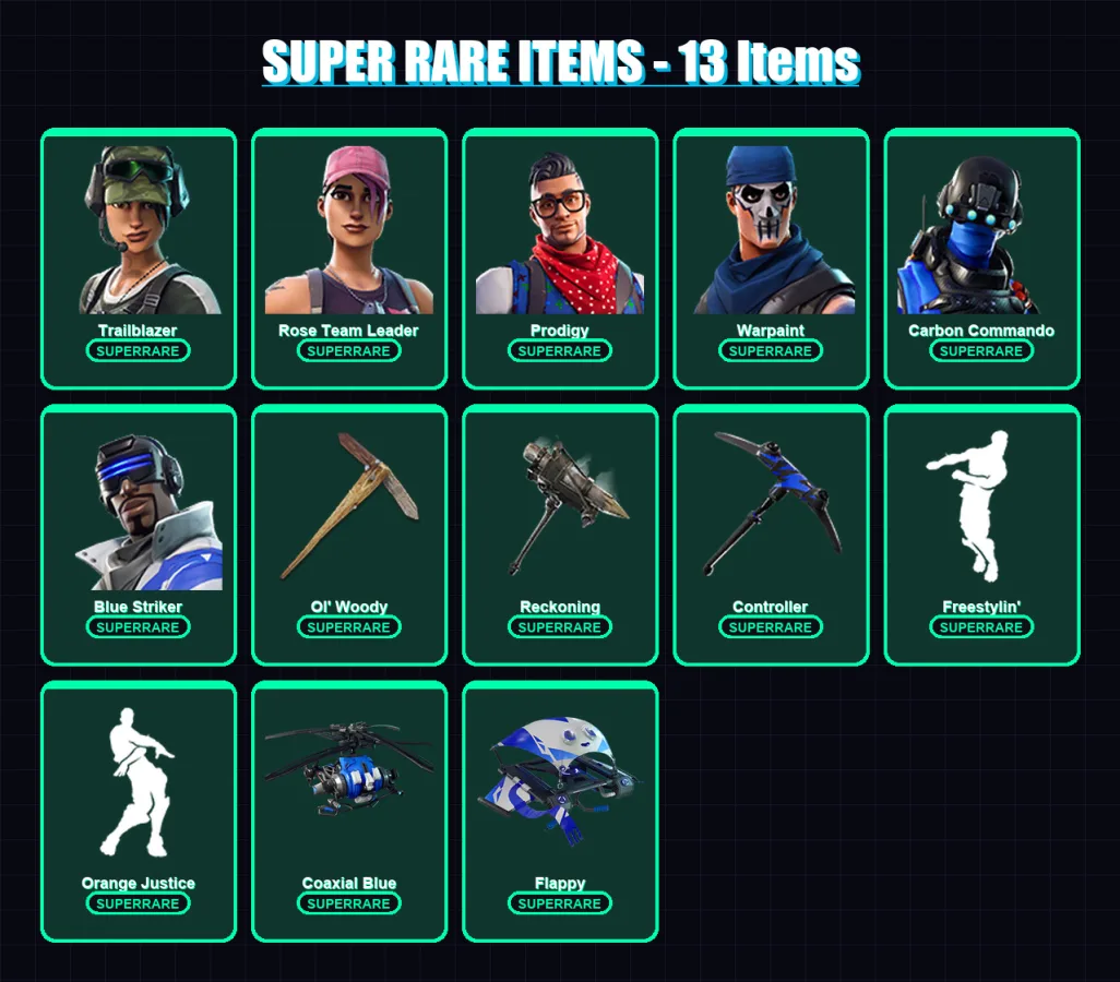 [PS4/PS5/XBOX/PC] | Trailblazer | Rose Team Leader | Prodigy | Warpaint | Carbon Commando | 67 skin | 64 pickaxe | 87 emote | 69 glider | Lv863