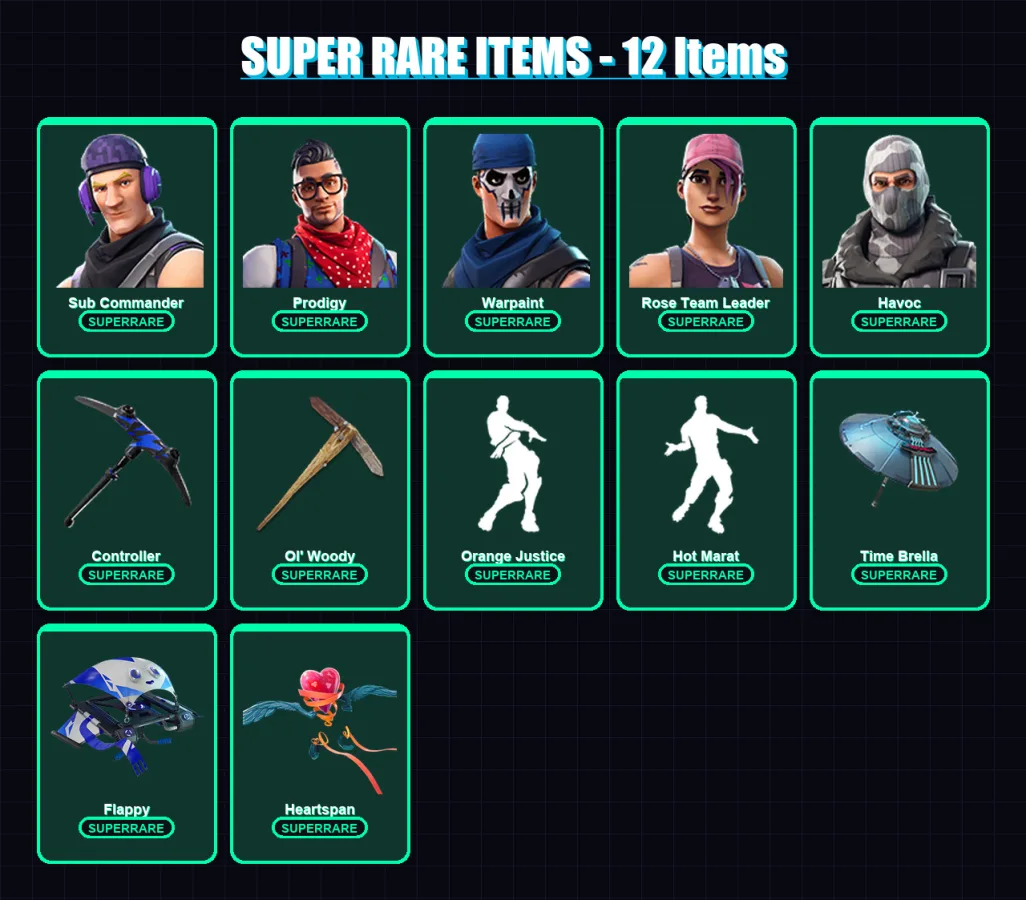 [PS4/PS5/XBOX/PC] | Sub Commander | Prodigy | Warpaint | Rose Team Leader | Havoc | 54 skin | 58 pickaxe | 62 emote | 65 glider | Lv958