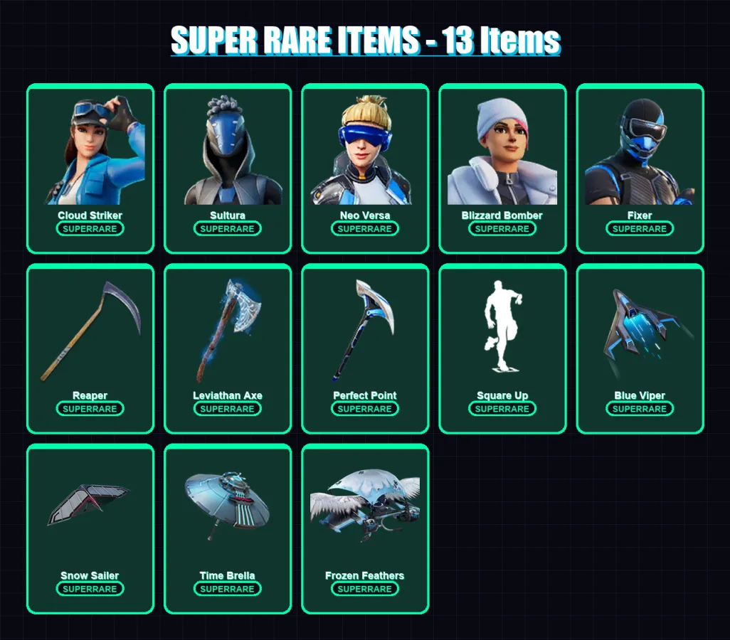 [PS4/PS5/PC] | Cloud Striker | Sultura | Neo Versa | Blizzard Bomber | Fixer | 212 skin | 186 pickaxe | 135 emote | 137 glider | Lv2300