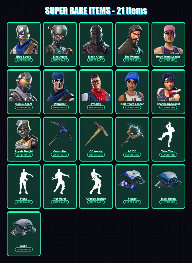 [PS4/PS5/XBOX/PC] | Blue Squire | Elite Agent | Black Knight | The Reaper | Rose Team Leader | 100 skin | 78 pickaxe | 97 emote | 72 glider | Lv981